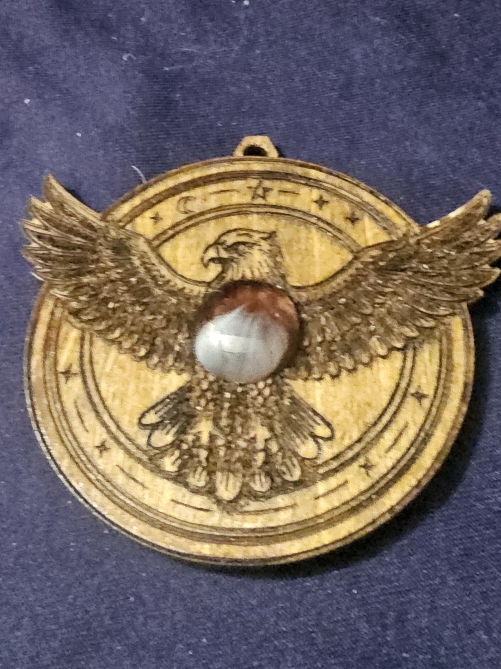 Wooden Eagle Medallion Pendant with Center Stone - Brown and Gold